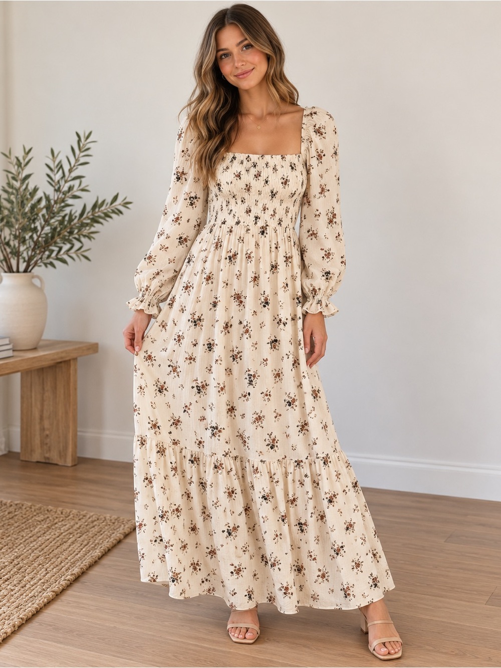Smocked Square-Neck Cream Floral Maxi Dress